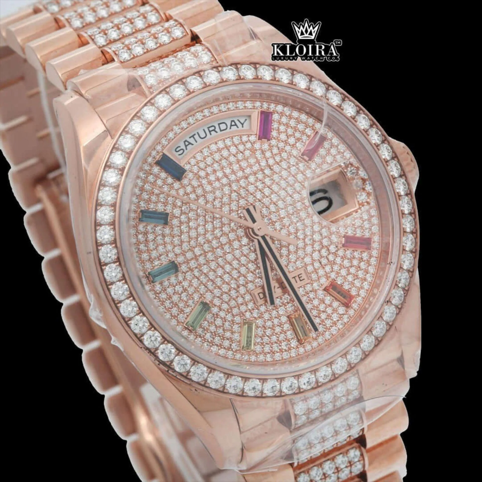 Rainbow Markers Dial Day Date Display Rose Gold Moissanite Watch Close Up Dial View