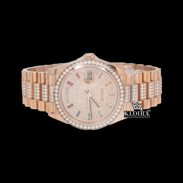 Rainbow Markers Dial Day Date Display Rose Gold Moissanite Watch Close Up Front View