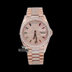 Rainbow Markers Dial Day Date Display Rose Gold Moissanite Watch