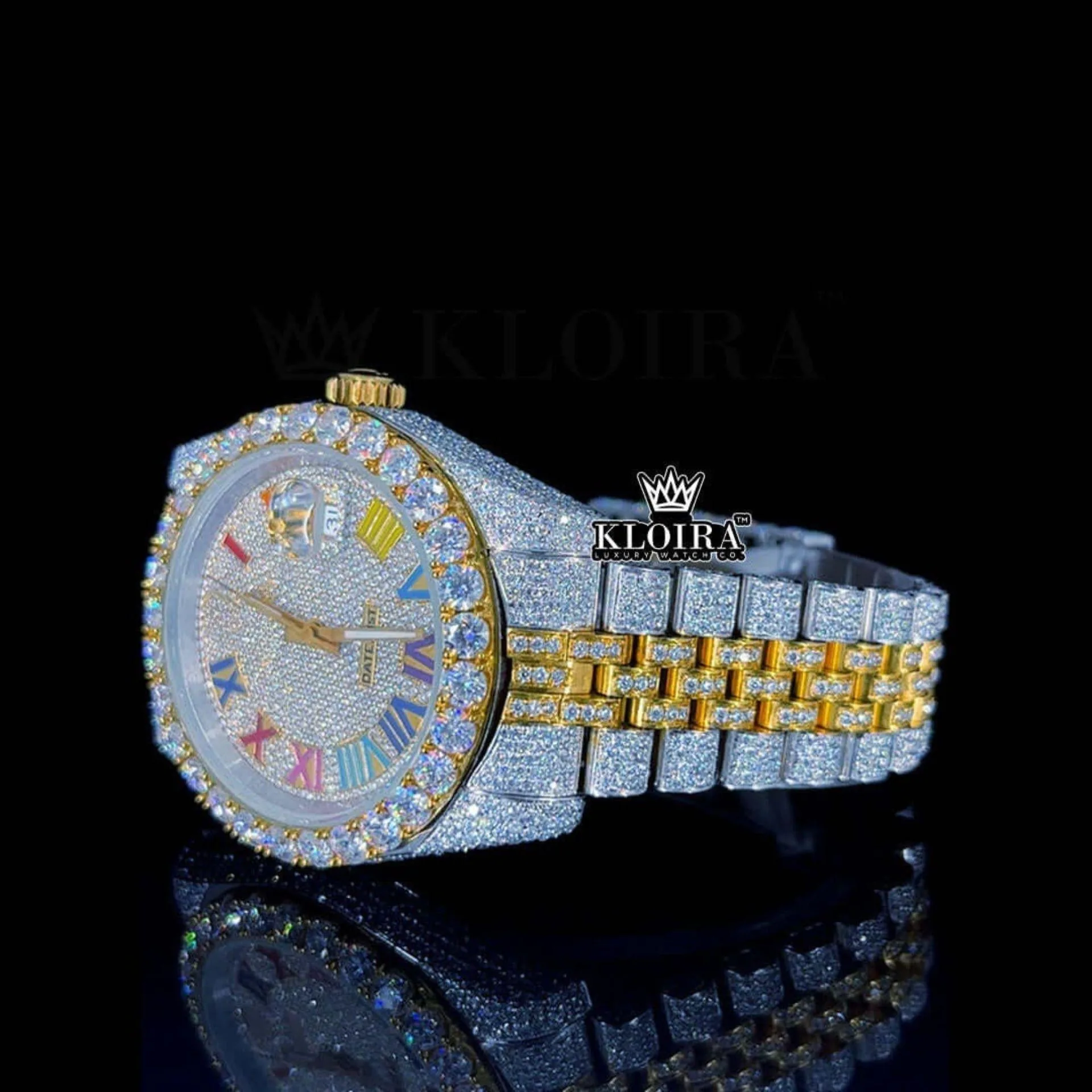 Rainbow Roman Dial Two Tone Iced Out Yellow Gold Moissanite Watch Left Profile View
