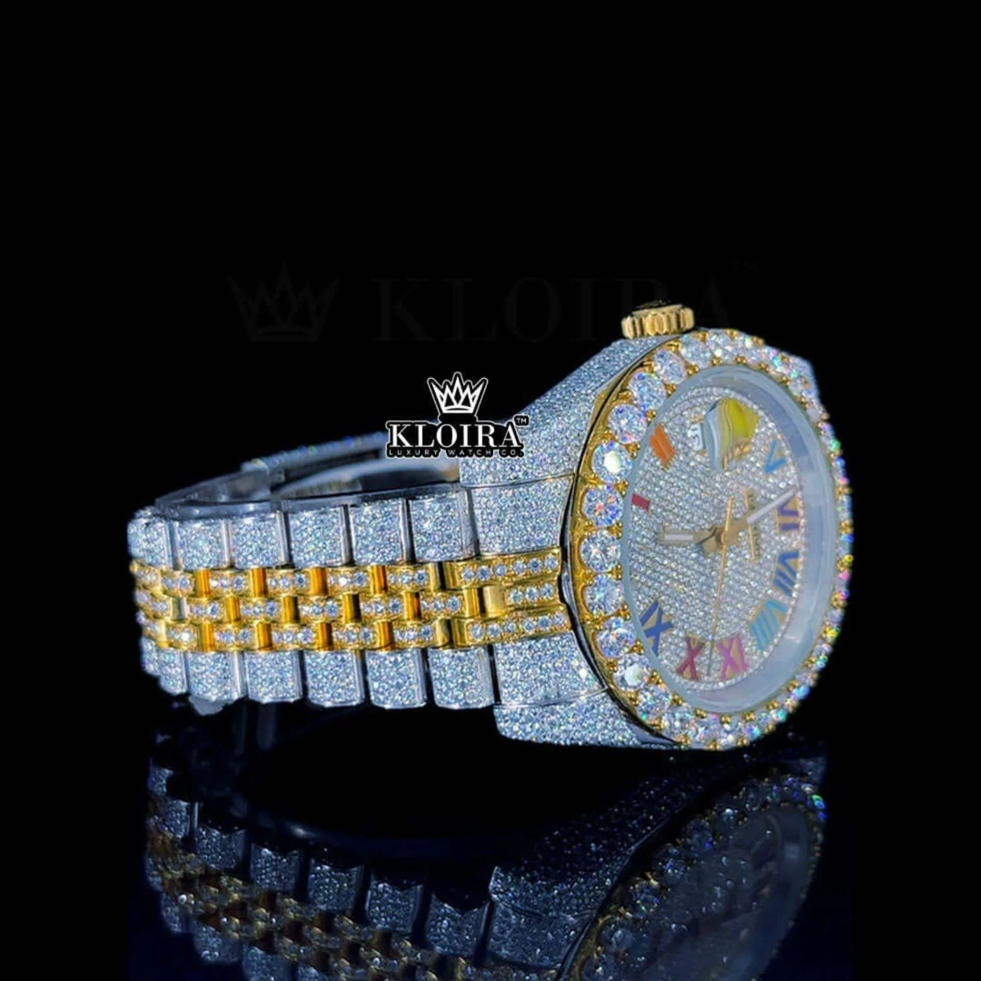 Rainbow Roman Dial Two Tone Iced Out Yellow Gold Moissanite Watch Right Profile View