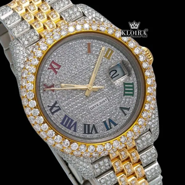 Rainbow Roman Dial Two Tone Moissanite Diamond Watch Close Up Dial View