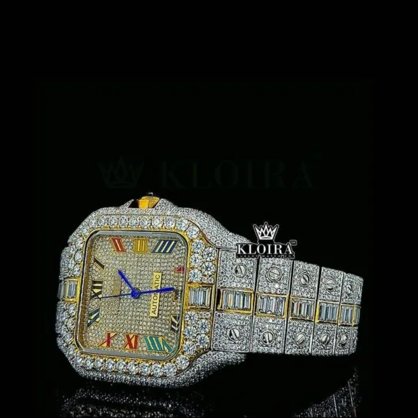 Rainbow Roman Numerals Yellow Dial Two Tone Moissanite Watch Left Profile View
