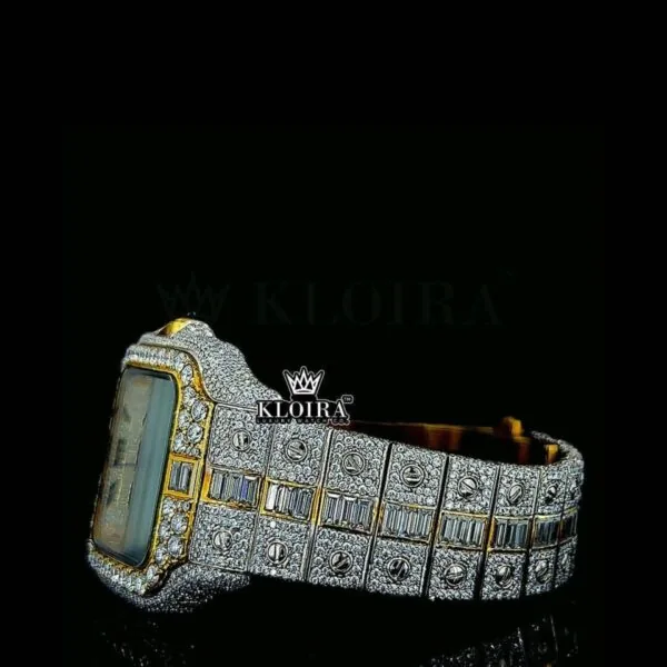 Rainbow Roman Numerals Yellow Dial Two Tone Moissanite Watch Left Side Bracelet View