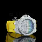 Rainbow Soundwave Dial Yellow Rubber Strap Semi Iced Out Moissanite Watch Right Profile View