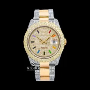 Rainbow Stick Markers Dial Two Tone Iced Out Moissanite Diamond Watch