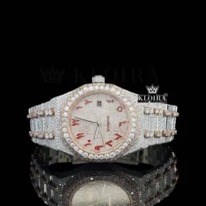 Red Arabic Dial Two Tone Fully Iced Out Moissanite Diamond Watch