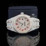 Red Arabic Dial Two Tone Fully Iced Out Moissanite Diamond Watch Front View