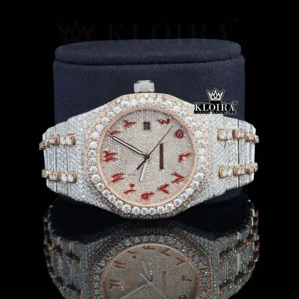 Red Arabic Dial Two Tone Fully Iced Out Moissanite Diamond Watch Front View