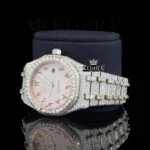 Red Arabic Dial Two Tone Fully Iced Out Moissanite Diamond Watch Left Profile View