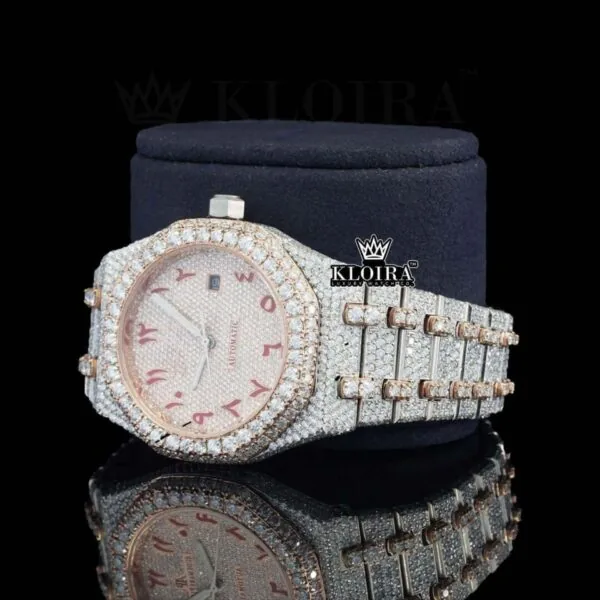 Red Arabic Dial Two Tone Fully Iced Out Moissanite Diamond Watch Left Profile View