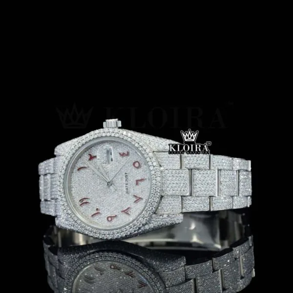 Red Arabic Numerals Dial Diamond Bezel Fully Iced Out Moissanite Watch Left Profile View