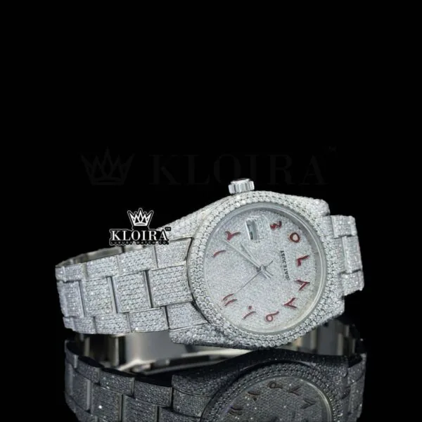 Red Arabic Numerals Dial Diamond Bezel Fully Iced Out Moissanite Watch Right Profile View