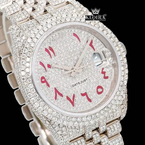Red Arabic Numerals Fully Iced Out Moissanite Diamond Watch Close Up Dial View