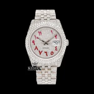 Red Arabic Numerals Fully Iced Out Moissanite Diamond Watch