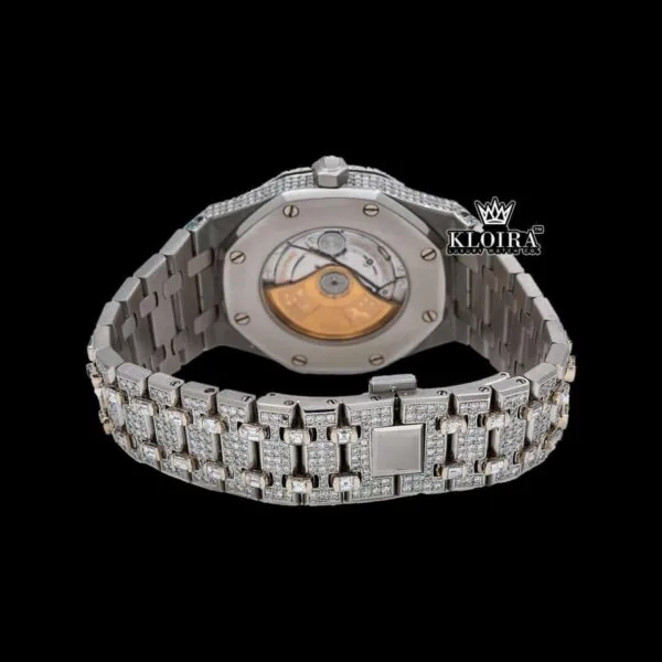 Red Arabic Numerals White Dial Bust Down Moissanite Diamond Watch Caseback View