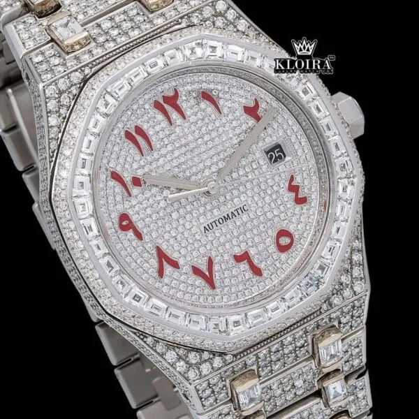 Red Arabic Numerals White Dial Bust Down Moissanite Diamond Watch Close Up Dial View