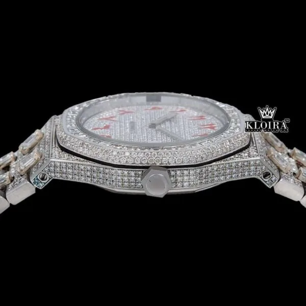Red Arabic Numerals White Dial Bust Down Moissanite Diamond Watch Crown View