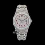 Red Arabic Numerals White Dial Bust Down Moissanite Diamond Watch