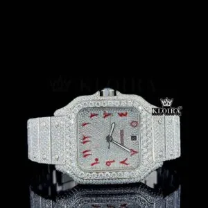 Red Arabic Numerals White Dial Full Iced Out Moissanite Watch