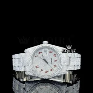 Red Arabic Numerals White Dial Fully Bust Down Moissanite Diamond Watch
