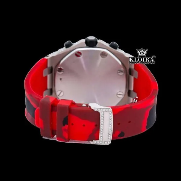 Red Camouflage Strap Rose Gold Chronograph Dial Moissanite Watch Caseback View