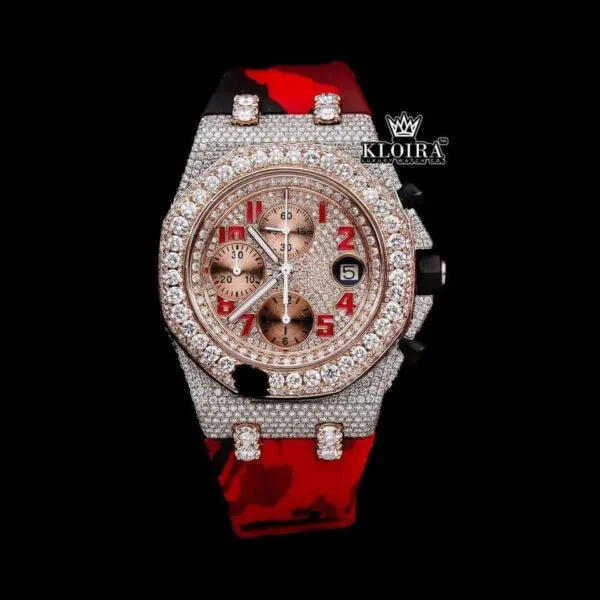 Red Camouflage Strap Rose Gold Chronograph Dial Moissanite Watch Close Up Front View
