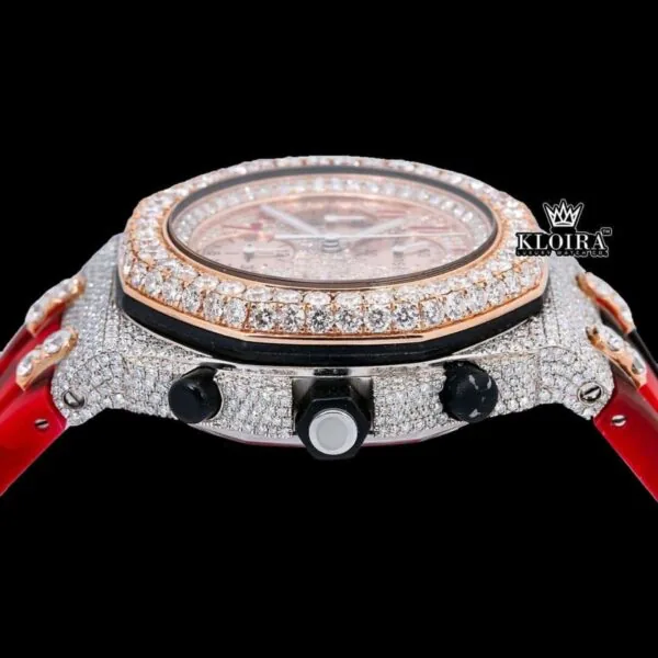 Red Camouflage Strap Rose Gold Chronograph Dial Moissanite Watch Crown View