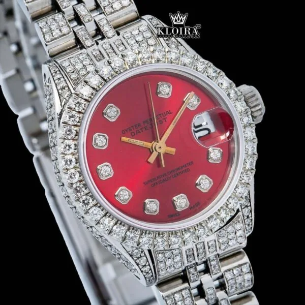 Red Dial Diamond Markers Bust Down Moissanite Diamond Watch Close Up Dial View