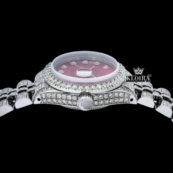 Red Dial Diamond Markers Bust Down Moissanite Diamond Watch Crown View