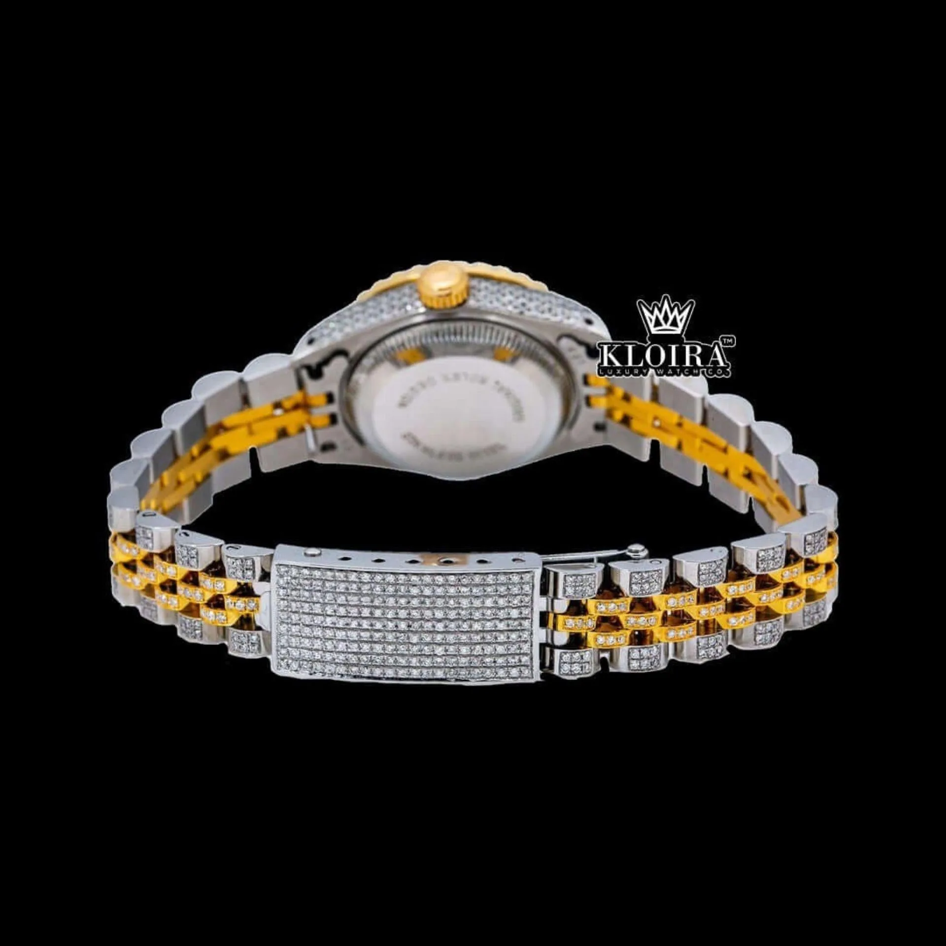 Red Dial Diamond Markers Yellow Gold Two Tone Moissanite Diamond Watch Caseback View