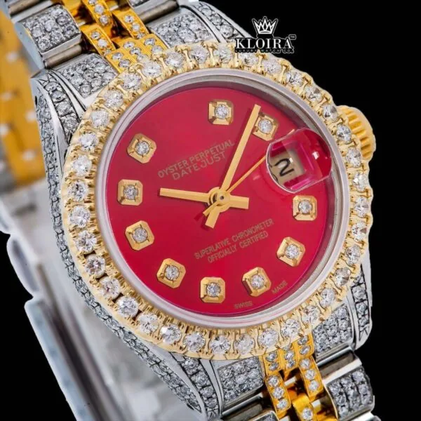Red Dial Diamond Markers Yellow Gold Two Tone Moissanite Diamond Watch Close Up Dial View