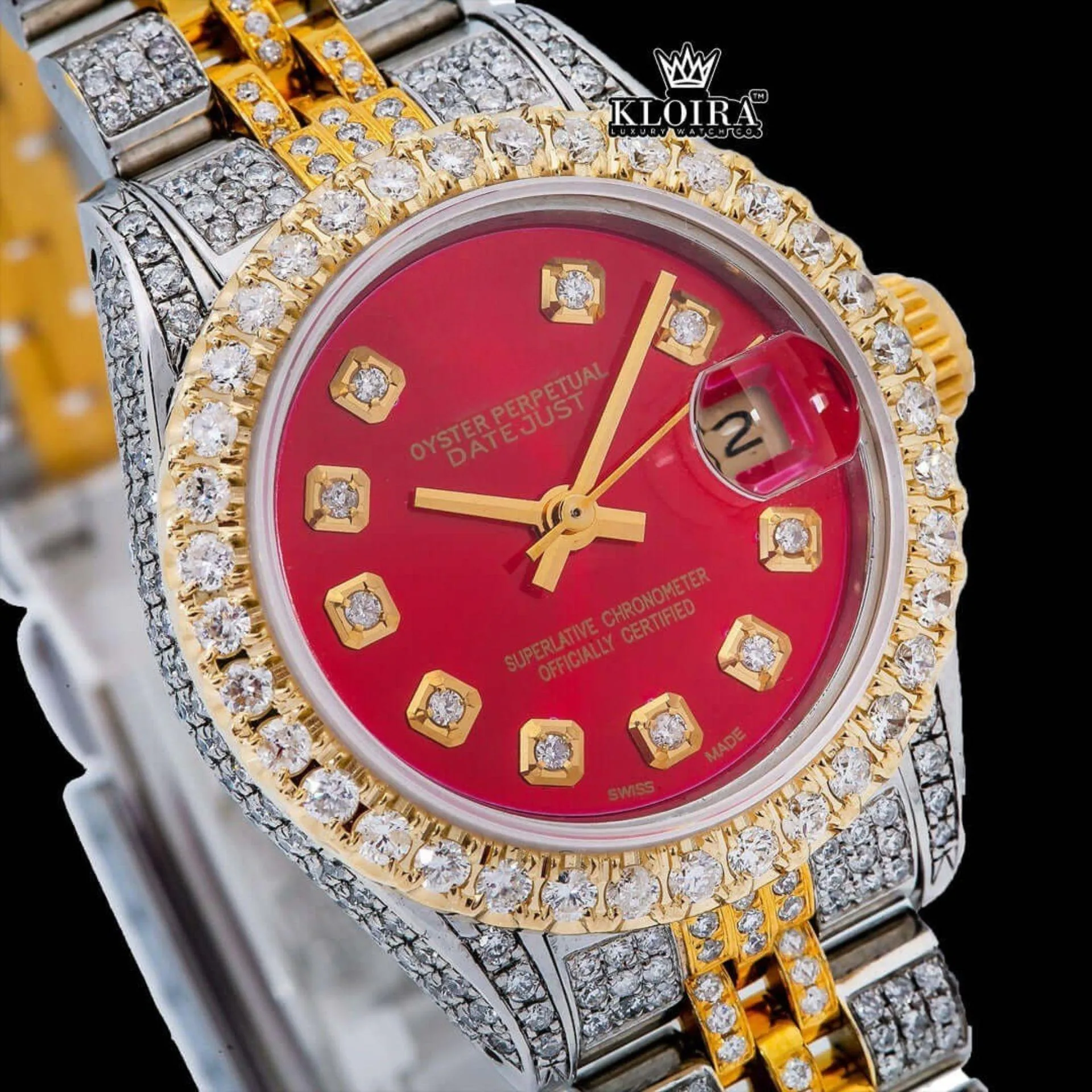 Red Dial Diamond Markers Yellow Gold Two Tone Moissanite Diamond Watch Close Up Dial View
