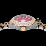 Red Dial Diamond Markers Yellow Gold Two Tone Moissanite Diamond Watch Crown View