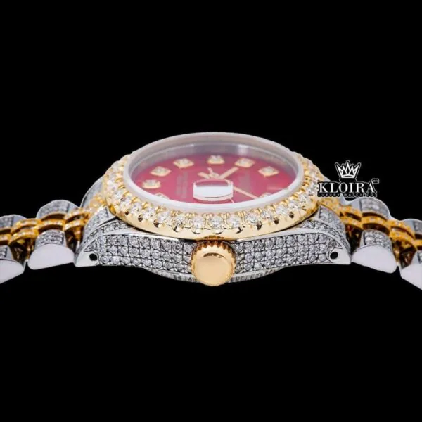 Red Dial Diamond Markers Yellow Gold Two Tone Moissanite Diamond Watch Crown View