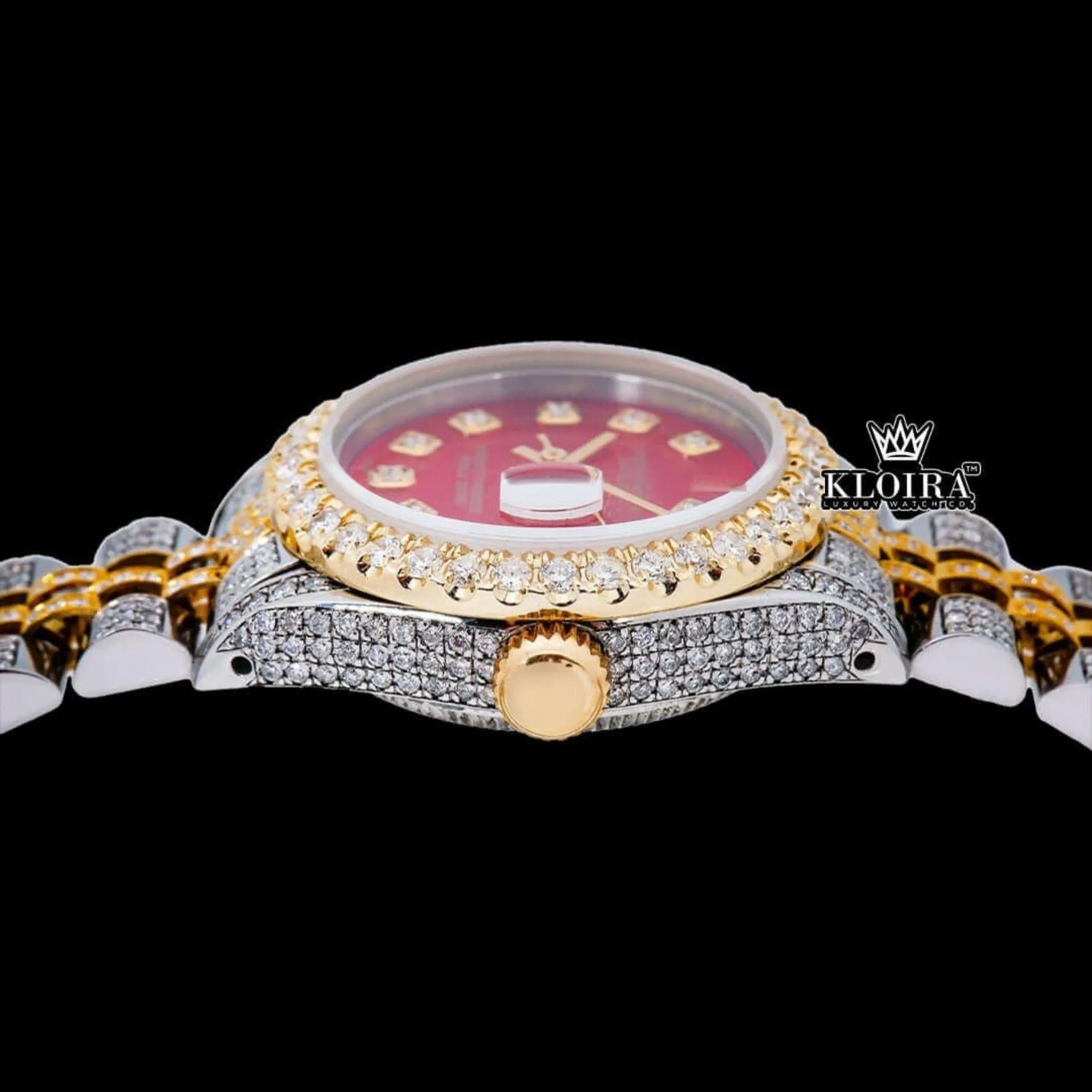 Red Dial Diamond Markers Yellow Gold Two Tone Moissanite Diamond Watch Crown View