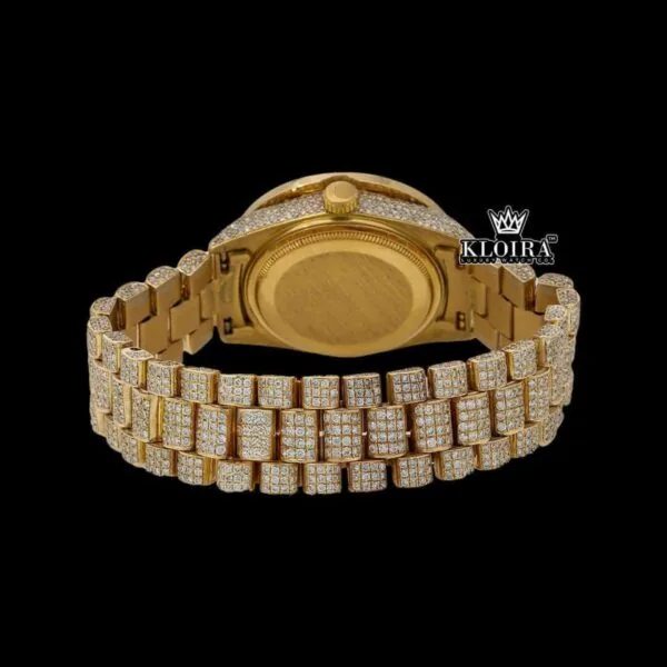 Red Dial Roman Numerals Fully Iced Out Yellow Gold Moissanite Diamond Watch Caseback View