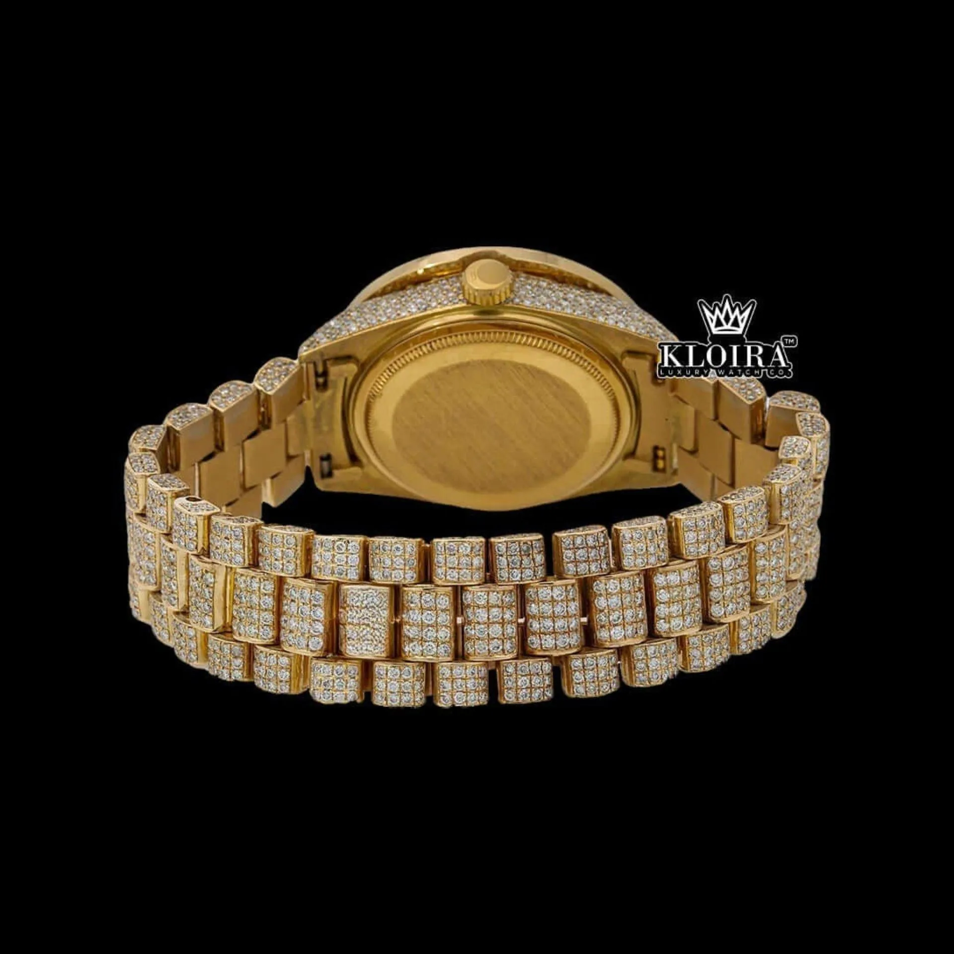 Red Dial Roman Numerals Fully Iced Out Yellow Gold Moissanite Diamond Watch Caseback View