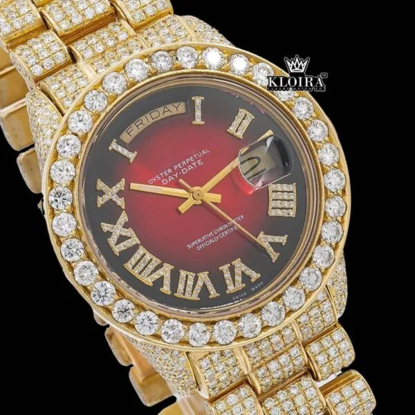 Red Dial Roman Numerals Fully Iced Out Yellow Gold Moissanite Diamond Watch Close Up Dial View