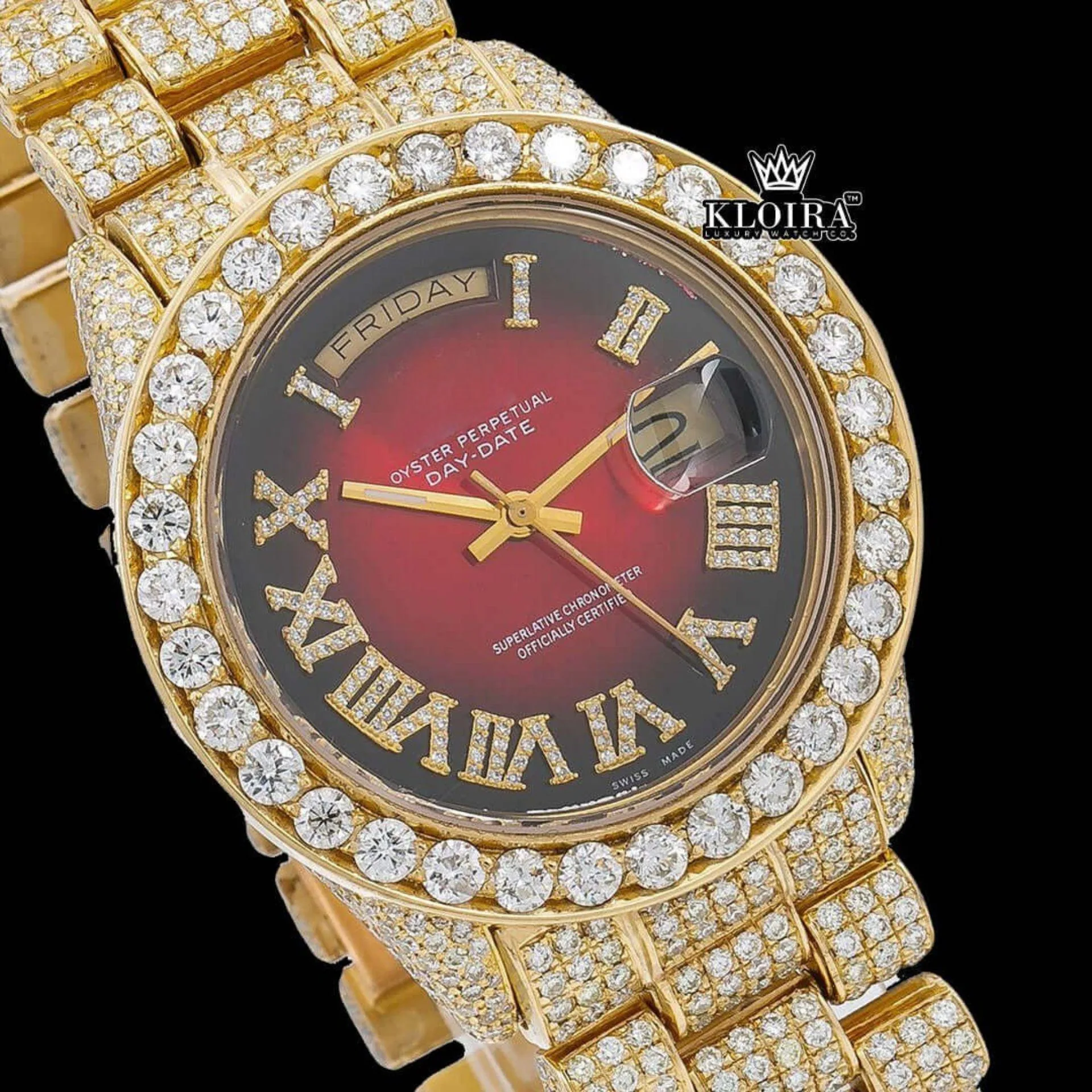 Red Dial Roman Numerals Fully Iced Out Yellow Gold Moissanite Diamond Watch Close Up Dial View