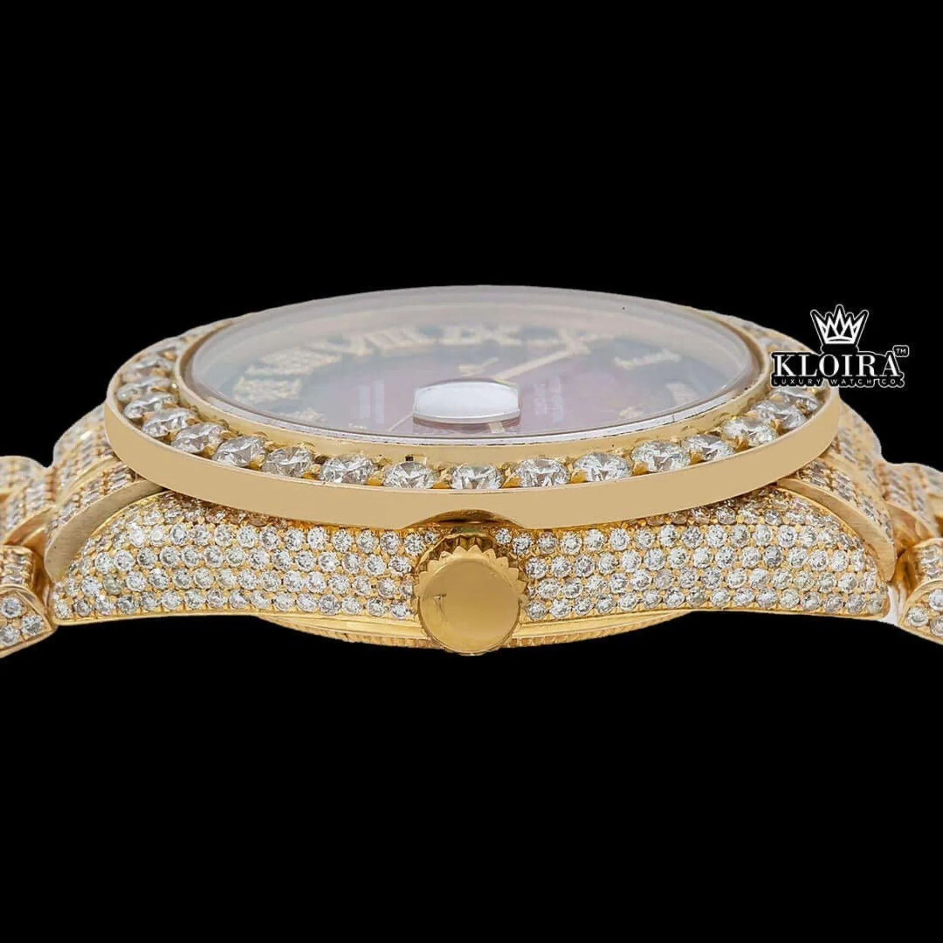 Red Dial Roman Numerals Fully Iced Out Yellow Gold Moissanite Diamond Watch Crown View