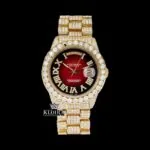 Red Dial Roman Numerals Fully Iced Out Yellow Gold Moissanite Diamond Watch Front View