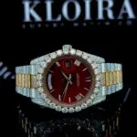 Red Dial Roman Numerals Two Tone Bust Down Moissanite Diamond Watch