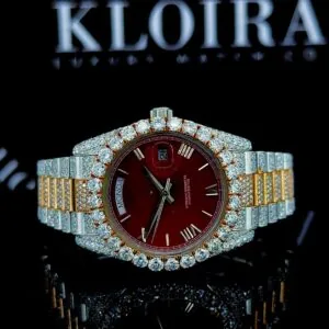 Red Dial Roman Numerals Two Tone Bust Down Moissanite Diamond Watch