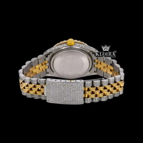 Red Dial Roman Numerals Two Tone Yellow Gold Iced Out Moissanite Watch Caseback View