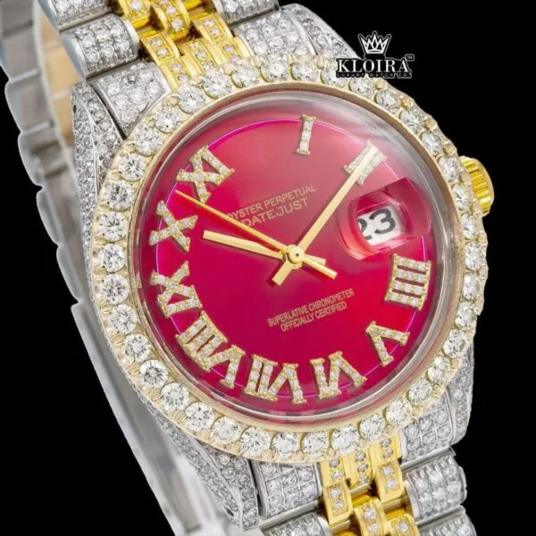 Red Dial Roman Numerals Two Tone Yellow Gold Iced Out Moissanite Watch Close Up Dial View