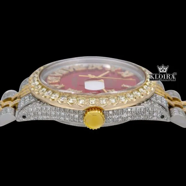Red Dial Roman Numerals Two Tone Yellow Gold Iced Out Moissanite Watch Crown View