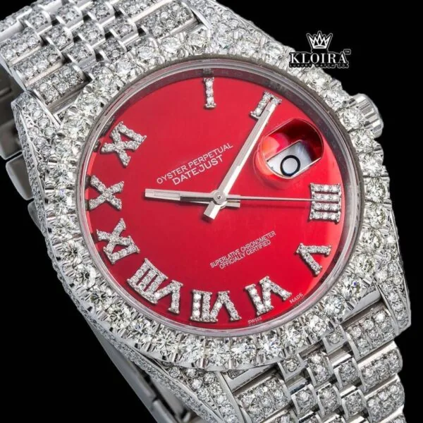 Red Roman Dial Fully Iced White Gold Lab-Grown Diamond Watch Close Up Dial View