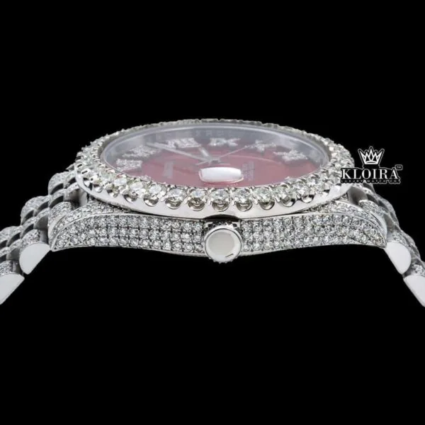Red Roman Dial Fully Iced White Gold Lab-Grown Diamond Watch Crown View