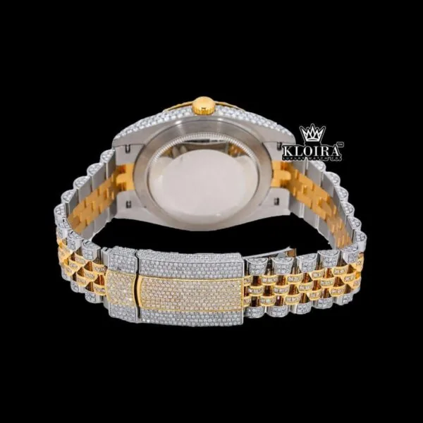 Red Roman Numerals Dial Date Window Two Tone Moissanite Watch Caseback View
